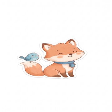 Gambar ini menampilkan ilustrasi kartun rubah berwarna jingga yang lucu dengan syal biru di lehernya. Rubah tersebut tampak tersenyum manis dengan mata terpejam, memberikan kesan ramah dan hangat.
