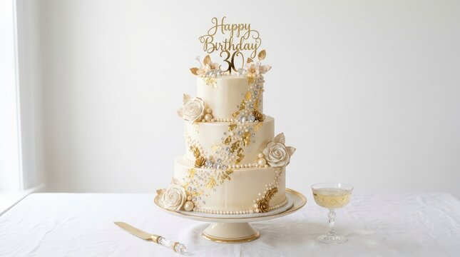 Elegant Three Tiered White and Gold 30th Birthday Cake with Floral Decorations and Champagne on White Table