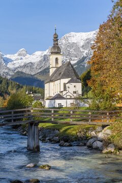 Parish church St. Sebastian with Ramsauer Ache, Ramsau, Berchtesgaden area, Bavaria, Germany