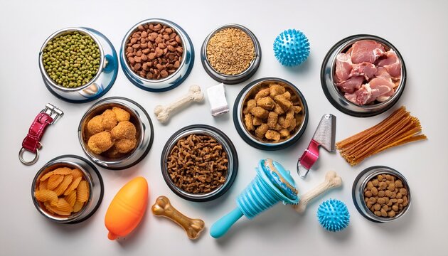 top view of pet food toys accessories on white background best products for all cat and dog life stages generative ai