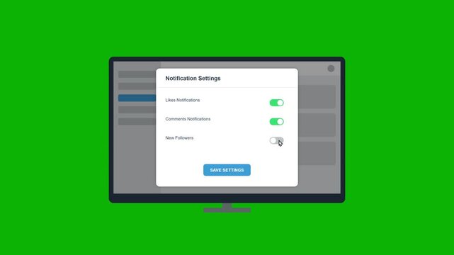 Computer monitor on green screen showing notification settings toggles being turned on in a software interface.