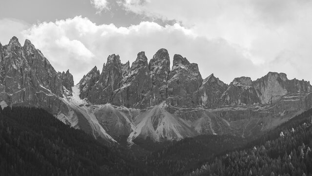 The peaks of the Geisler Group, drone image, black and white image, Sankt Magdalena, Villn&ouml;&szlig;tal, Dolomites, Autonomous Province of Bolzano, South Tyrol, Italy