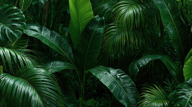 Lush dark green tropical leaves with water droplets dense jungle foliage natural background fresh wet plant leaves after rain