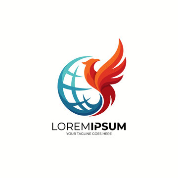 This vibrant logo combines a phoenix rising from the globe, symbolizing rebirth and global reach, ideal for businesses focused on innovation and international impact.