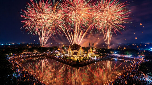 Stunning fireworks display over a traditional thai temple at night with floating lanterns