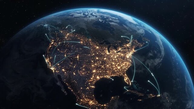 Earth seen from space at night showing North American continent, glowing orange city lights, data networks, blue atmospheric glow, sci-fi.