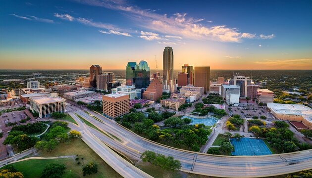 breathtaking aerial view of the irving texas skyline at sunrise capturing the vibrant colors of summer and the urban landscape in stunning detail