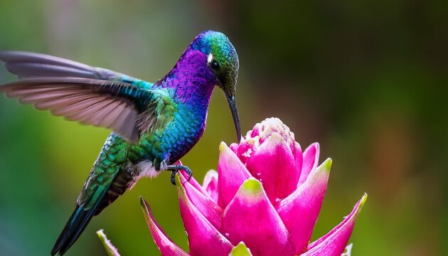 stunning violet crowned hummingbird drinking nectar from a vibrant pink tropical flower