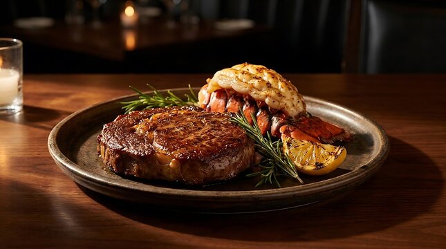 Grilled beef steak and lobster tail served on a plate in a restaurant. lobster tail and steak