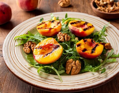 grilled peaches and arugula salad with walnuts on rustic table