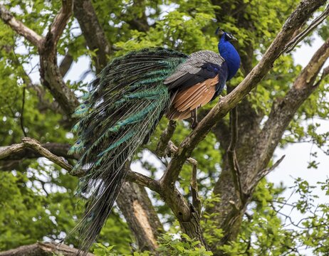 Indian peafowl or blue peafowl (Pavo cristatus), male sitting in tree, captive, Saarland, Germany