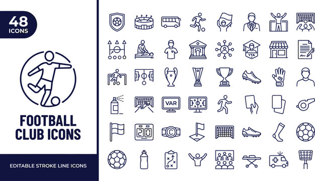 Football club line vector icons set featuring stadium players and sports equipment symbols