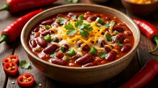 Bowl of spicy chili con carne with red beans and melted cheese on a dark wooden table. chili cookoff