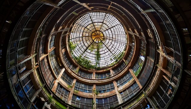 italian abandoned distillery tower n a circular industrial structure featuring a glass dome steel beams panoramic windows a deteriorating factory interior urban exploration vibes and