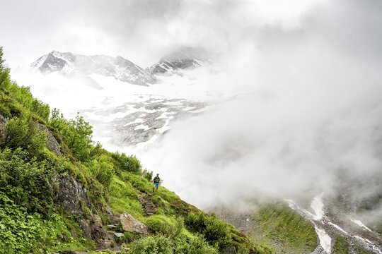 Mountaineers on a hiking trail, in the background glaciated peak Dosso Largo and glacier Schlegeiskees, cloudy atmospheric mountain landscape, ascent to Furtschaglhaus, Berliner H&ouml;henweg, Zillertal, Tyrol, Austria