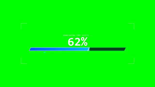 Green screen background with a sleek futuristic loading bar progressing from 0 to 100 percent. Upon reaching 100%, a celebratory confetti explosion is triggered while the UI remains fully visible.