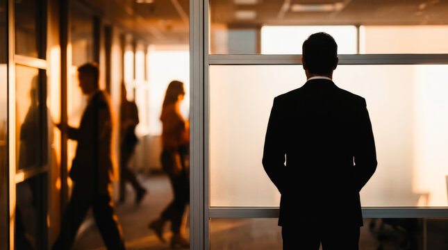 Businessman standing in a modern office corridor