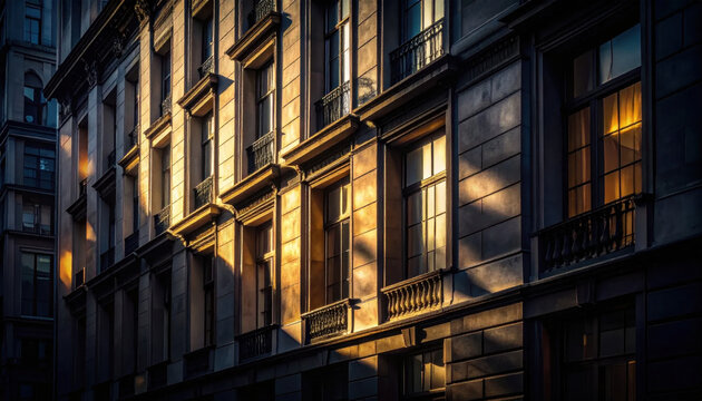 Sunlight and Shadows Play Across the Ornate Stone Facade of a Classic European Apartment Building