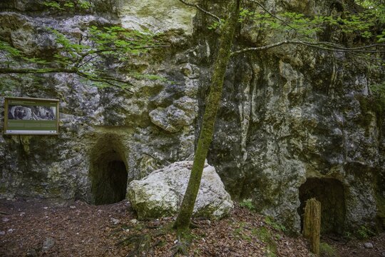 Entrance to caverns themed trail Grande Guerra on the battles of World War 1, Malborghetto Valbruna, province of Udine, Italy