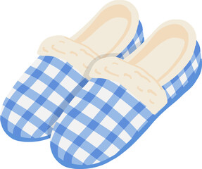 Cute hand drawn doodle illustration of blue gingham house slippers with fluffy fleece lining © biby fantie
