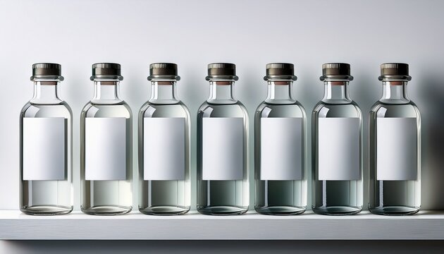 six glass bottles with white labels are arranged on a shelf against a white wall each bottle contains a clear liquid the bottles are placed next to six rectangular