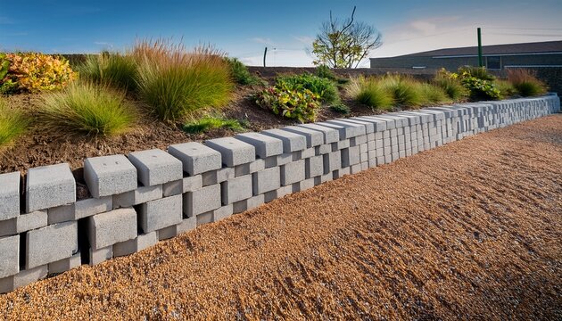 rugged concrete blocks stacked to form a sturdy retaining wall expertly installed to stabilize soil and create a strong durable outdoor landscape feature
