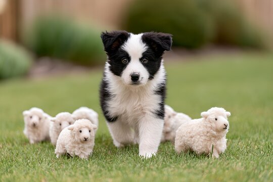 Border Collie Puppy Herding Toy Sheep Garden Lawn Dog Instinct Concept