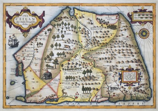 Old coloured map of Ceylon or Sri Lanka decorated with an elephant, a deer, a fox, sailing ship, compass rose and three decorative cartouches, by Jodocus Hondius from the Mercator Hondius Atlas, Amsterdam, 1633