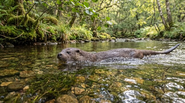 Wild European Otter Swimming Through a Clear Woodland Stream