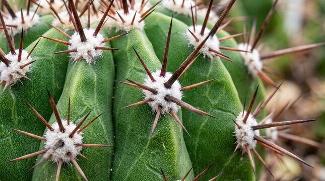 Macro close-up of green succulent cactus with sharp red brown spines from fuzzy white areoles, geometric skin textures, botanical detail.