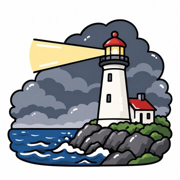 荒れた雷雲と波立つ海に立つ嵐の夜の灯台イラスト