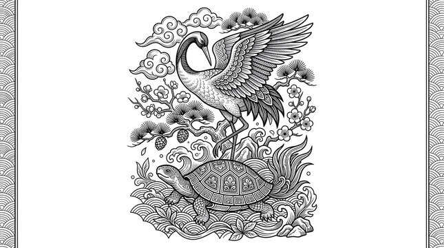 Crane and Turtle Coloring Page &ndash; Oriental Line Art with Flowers and Clouds Vector Illustration