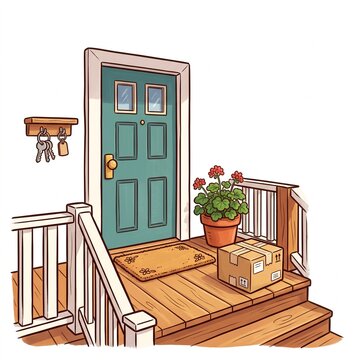 Cartoon Illustration of a Cozy Residential Porch Entrance with Delivered Package