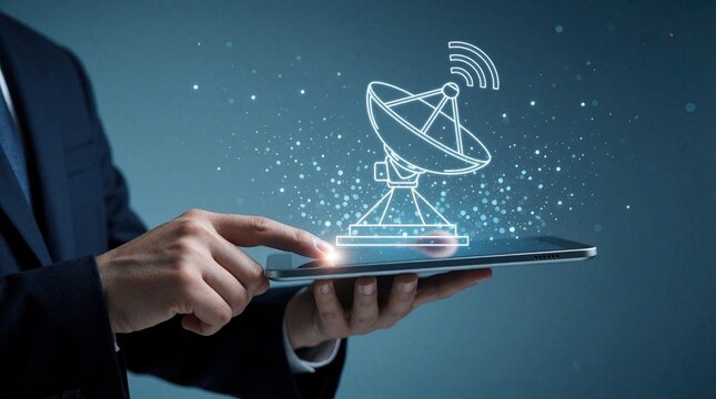 Businessman uses digital tablet with satellite dish icon on screen. Tech interface shows wireless communication network signal. Man manages telecom data transmission, global connectivity via
