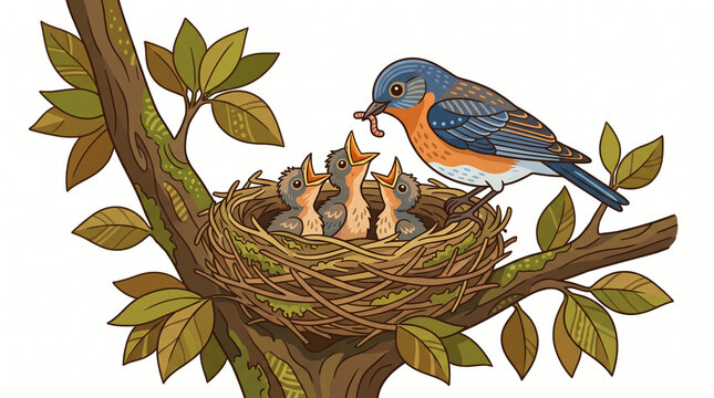 A mother bluebird perched on a tree branch feeding an earthworm to three hungry baby chicks in a woven nest, rendered in a detailed outline vector style isolated on a solid white background.