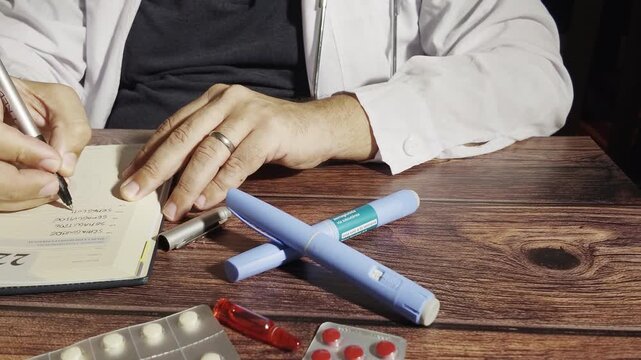 Male physician preparing a Semaglutide GLP-1 dosage pen for diabetes management and metabolic health treatment