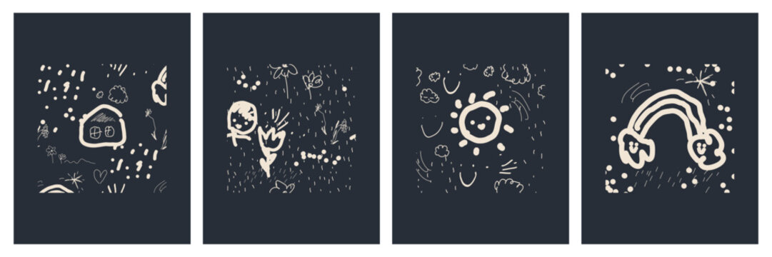 Hand drawn doodle poster asset pack. Pencil and crayon scribble shape and elements. Kid drawing naive vector collection