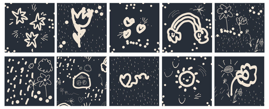 Hand drawn doodle card asset pack. Pencil and crayon scribble shape and elements. Kid drawing naive vector collection