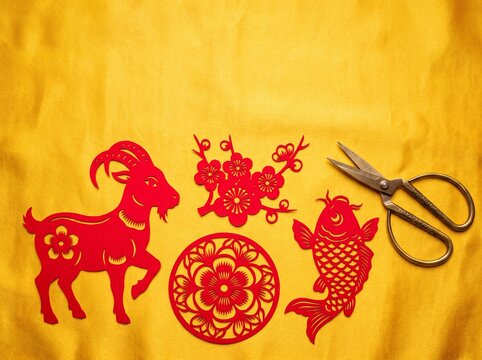 Red paper cut goat, fish, plum blossom and flower decorations on golden silk with scissors