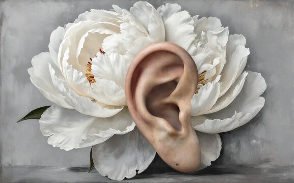 White flower and human ear, surreal still life composition with soft lighting.