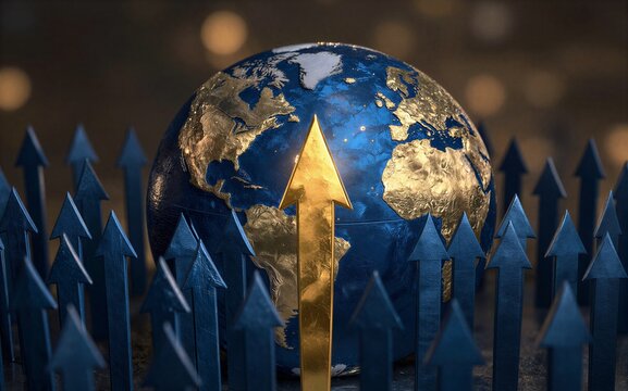 Golden arrow rises above globe, surrounded by blue arrows symbolizing global growth and progress.