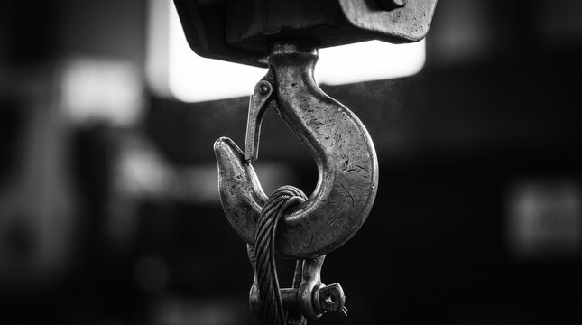 Industrial crane hook with steel cable