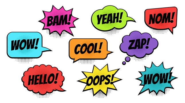 A collection of vibrant comic book style speech bubbles with various exclamations like WOW, BAM, YEAH, COOL, ZAP, NOM, HELLO, and OOPS.