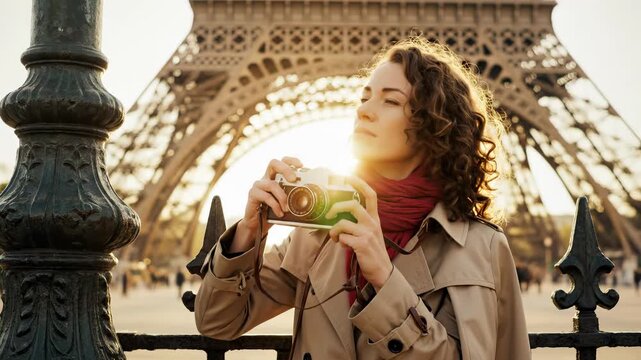 Woman tourist holding camera stands near Eiffel Tower in Paris. Female traveler with camera is looking at landmark. Girl on vacation trip visiting France. Woman tourist is taking photo in Paris.