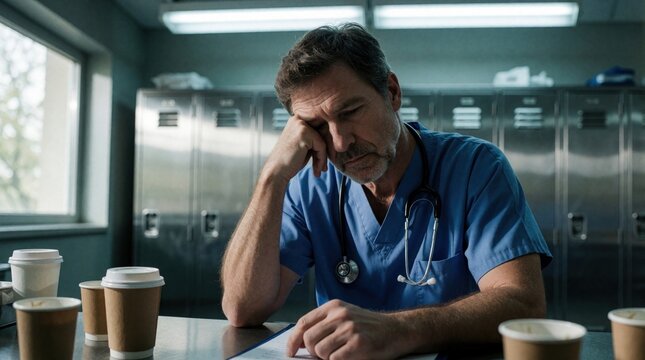 Tired male doctor in blue scrubs sits at desk in hospital break room. Exhausted healthcare worker rests head on hand feeling burnout, stress. Middle aged physician looks weary with stethoscope around