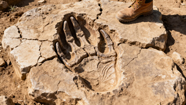Fossilized dinosaur footprints in ancient rock with boot for scale, paleontology and discovery concept