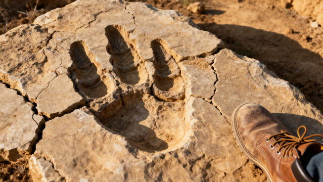 Fossilized dinosaur footprints in ancient rock with boot for scale, paleontology and discovery concept