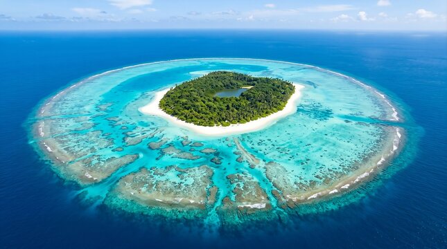 Aerial View of Tropical Coral Atoll and Turquoise Lagoon