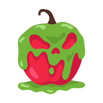 Spooky cartoon red apple oozing with vibrant green slime, forming a terrifying monster face design