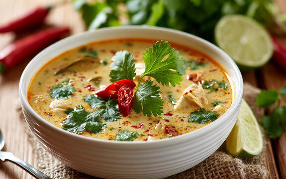 bowl of Thai coconut soup (Tom Kha Gai), garnished with cilantro and chili, coconut milk broth, lime leaves